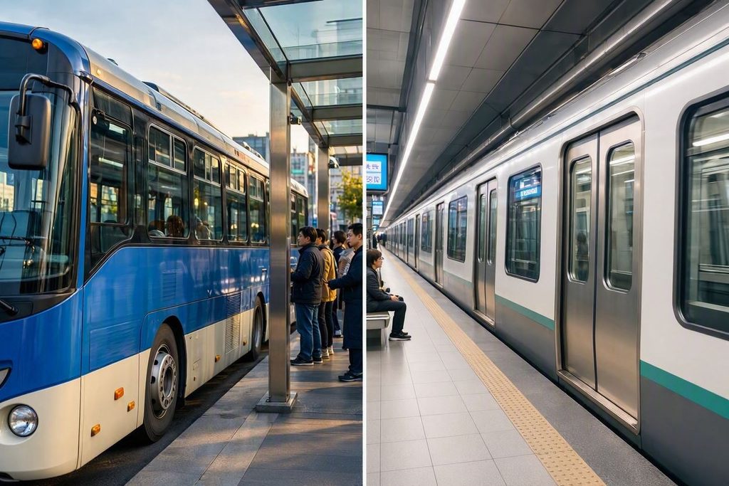 A split screen image showing a blue Seoul city bus at a central bus stop on the left and a modern Seoul subway train on the right for public transportation guide