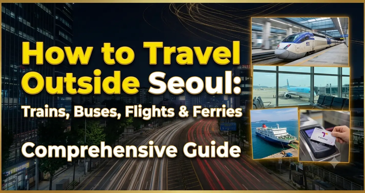 How to Travel Outside Seoul Comprehensive Guide thumbnail, featuring a high-speed KTX train, an airplane, a ferry, and a T-money card against a night Seoul cityscape background with text.