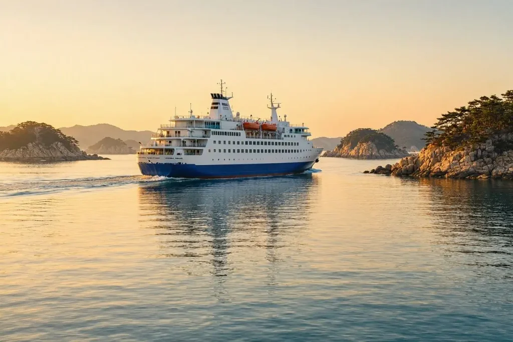 A passenger ferry ship sailing toward scenic Korean islands