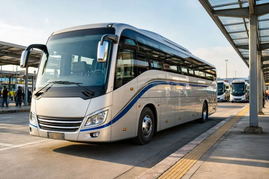 A modern Korean express bus parked at Seoul Express Bus Terminal