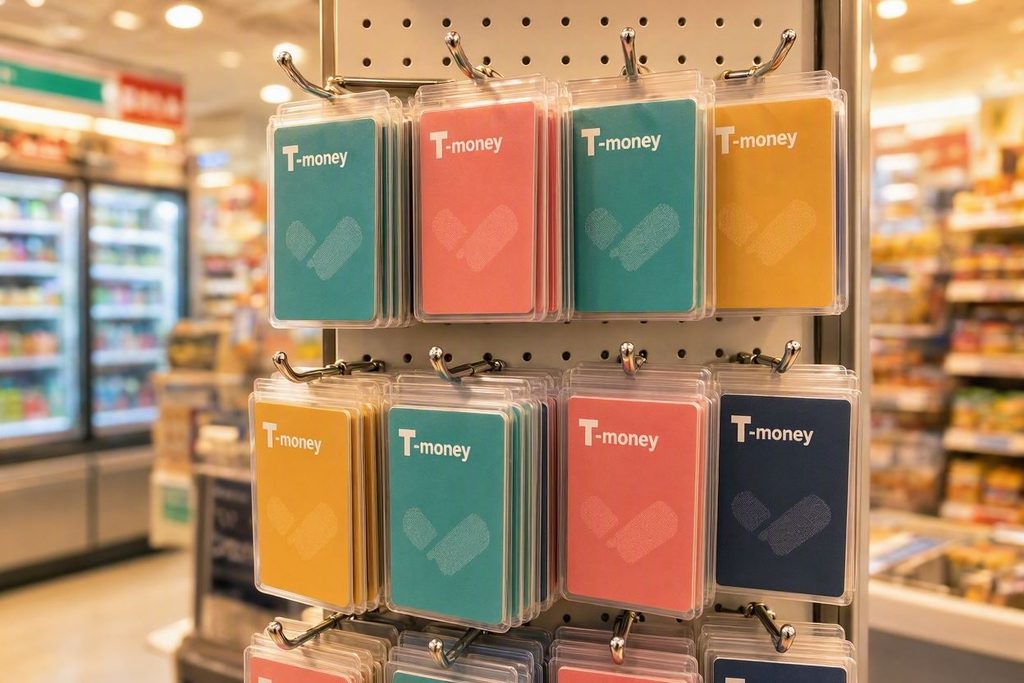 T-money transit cards display inside a Korean convenience store in Seoul