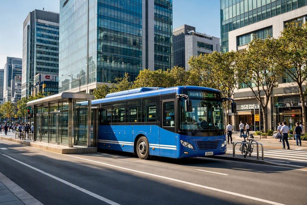 Blue Seoul city bus stopping at a center lane bus station in downtown Seoul