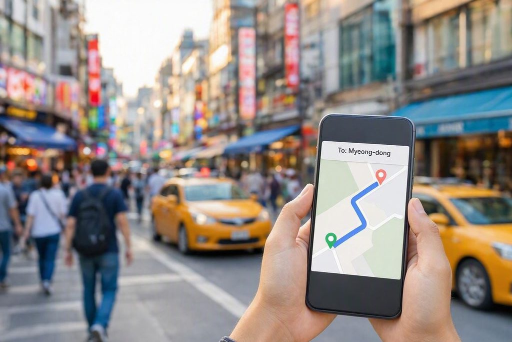 A traveler holding a smartphone showing a Naver Map navigation route on a Seoul street