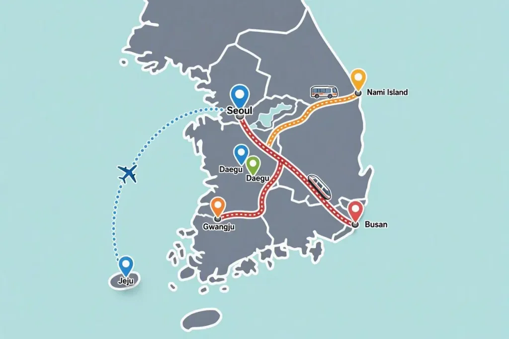 Travel map of South Korea showing transportation routes from Seoul to Jeju, Busan, Gwangju, Daegu, and Nami Island