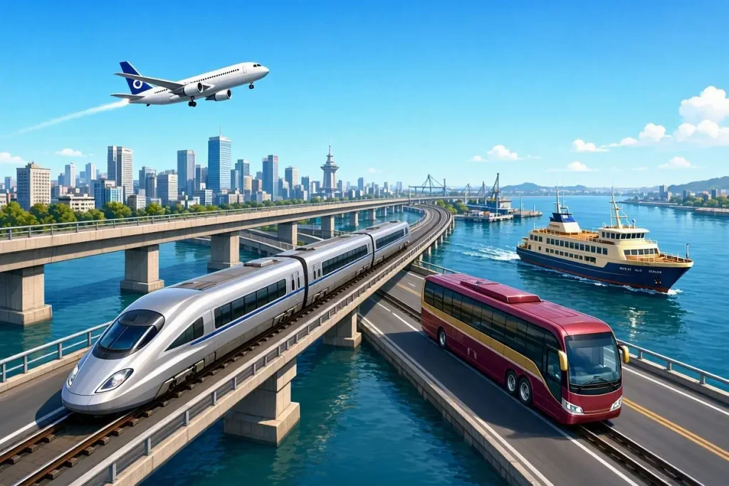 Korea transportation guide showing KTX train, express bus, airplane, and ferry